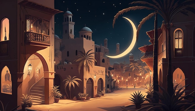 Vista nocturna de la ciudad vieja Ramadan Kareem AI generativa