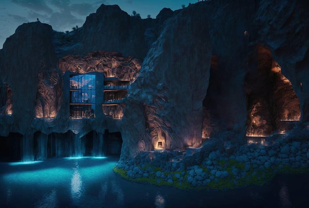 Una vista nocturna de una cueva con cascada y luces en las paredes.