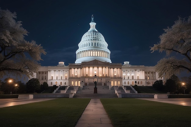 Vista nocturna de la cúpula del Capitolio iluminada con el nexo del gobierno y la educación Holograma de investigación académica