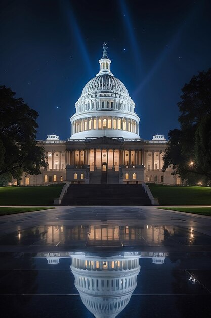 Vista nocturna de la cúpula del Capitolio iluminada con el nexo del gobierno y la educación Holograma de investigación académica