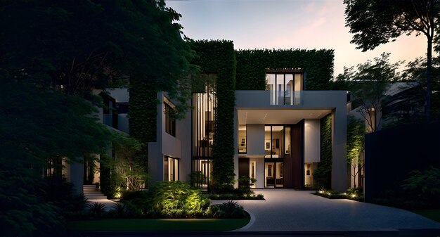Una vista nocturna del diseño de una casa moderna.