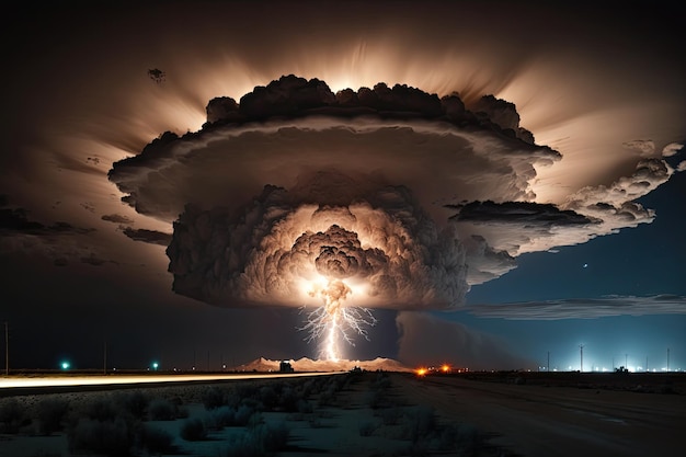 Vista nocturna de la explosión nuclear con rayos que iluminan el cielo