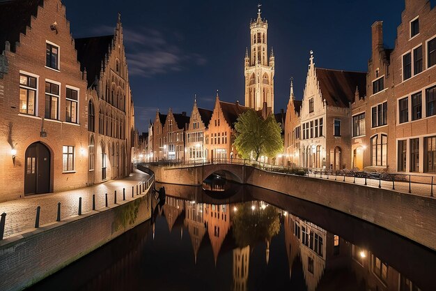 Vista nocturna de la famosa ciudad de Brujas vista nocturna de Bélgica de los canales de Brujas casas en el canal Belfry