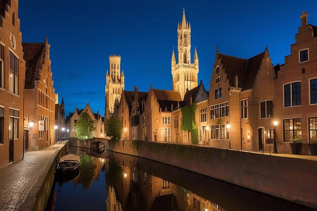 Vista nocturna de la famosa ciudad de Brujas vista nocturna de Bélgica de los canales de Brujas casas en el canal Belfry