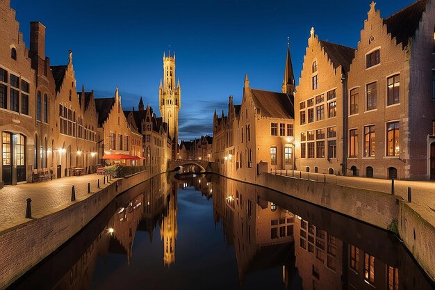 Foto vista nocturna de la famosa ciudad de brujas vista nocturna de bélgica de los canales de brujas casas en el canal belfry