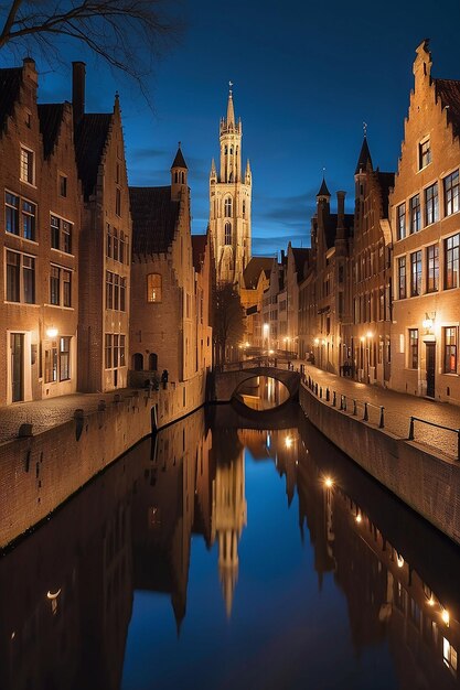 Vista nocturna de la famosa ciudad de Brujas vista nocturna de Bélgica de los canales de Brujas casas en el canal Belfry