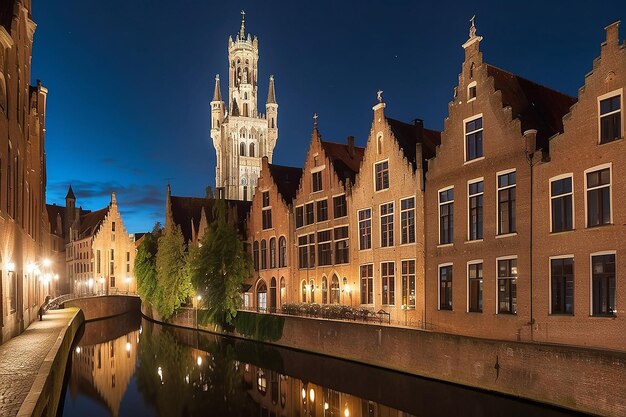 Vista nocturna de la famosa ciudad de Brujas vista nocturna de Bélgica de los canales de Brujas casas en el canal Belfry