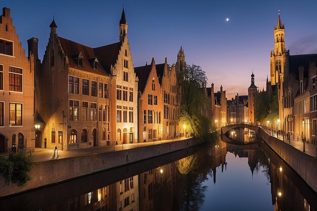 Foto vista nocturna de la famosa ciudad de brujas vista nocturna de bélgica de los canales de brujas casas en el canal belfry