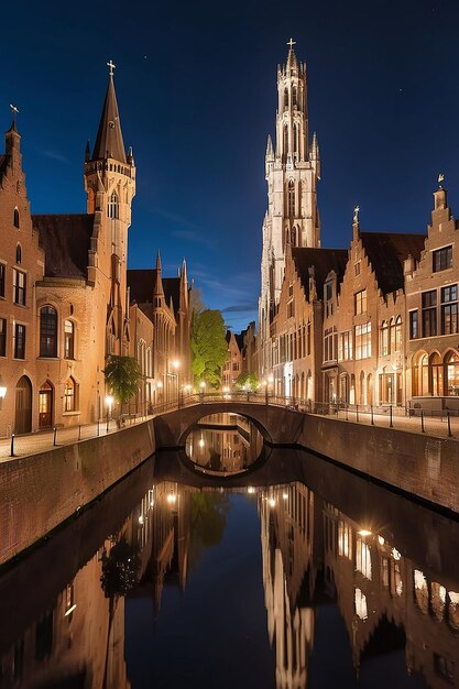 Vista nocturna de la famosa ciudad de Brujas vista nocturna de Bélgica de los canales de Brujas casas en el canal Belfry