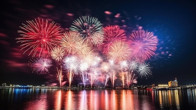 Vista nocturna de fuegos artificiales sobre la ciudad por la noche cerca del agua y fuegos artificials en el puerto de la ciudad