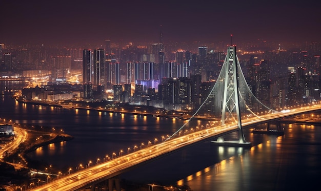 vista nocturna de la hermosa ciudad con puente