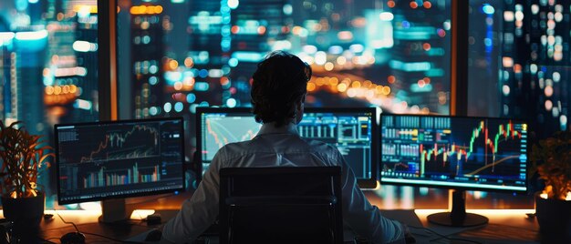 Vista nocturna de un hombre de negocios exitoso mirando por la ventana en una moderna oficina de fondos de cobertura con computadoras que tienen estaciones de trabajo multimonitoras La computadora muestra gráficos de mercado en tiempo real
