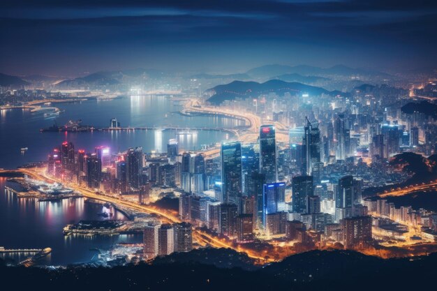 Vista nocturna del horizonte del centro de Seúl desde la cima de una colina Corea del Sur