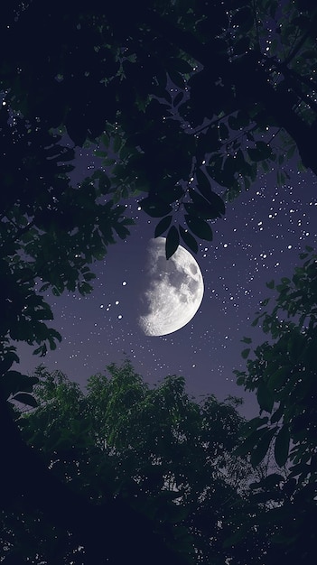 Vista nocturna de la luna con el bosque