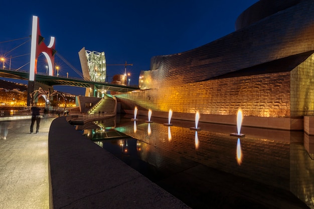 Vista nocturna del Museo Guggenheim de Bilbao España