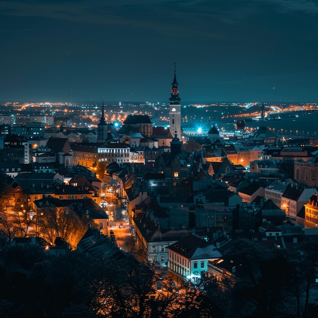 Vista nocturna del paisaje urbano de Tallin desde la cima de la colina