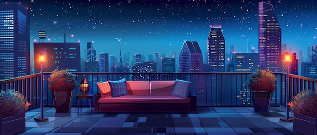 Una vista nocturna de un paisaje urbano desde una terraza en el techo con un sofá, arbustos, barandillas y lámparas, un paisaje moderno bajo un cielo gris oscuro.