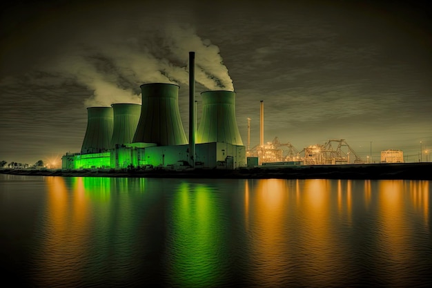 Vista nocturna de las pipas humeantes del reactor nuclear en funcionamiento de la planta de energía nuclear