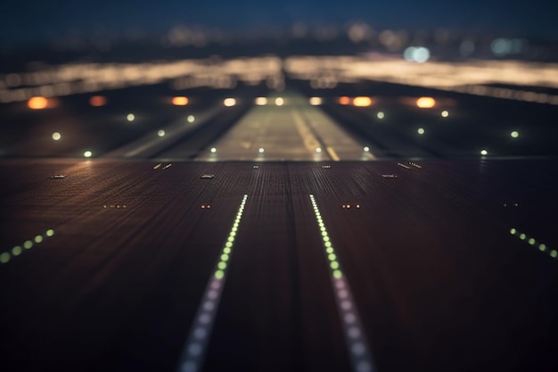 Foto vista nocturna de la pista del avión con luces de terminal