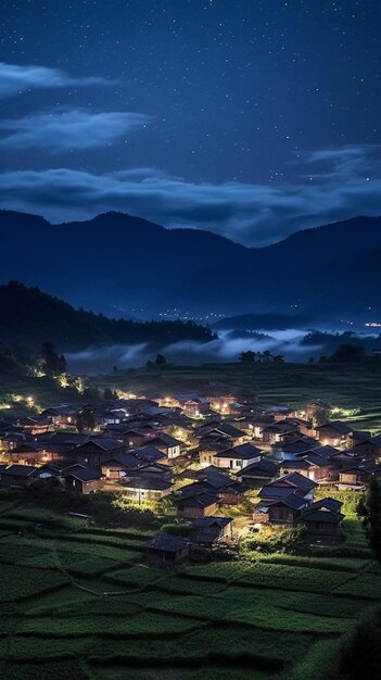 Foto vista nocturna de un pueblo en las montañas con una cordillera en el fondo