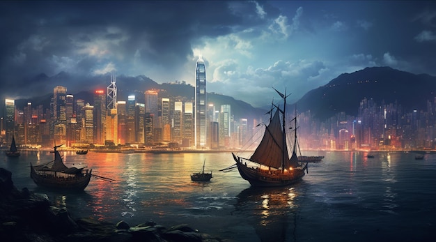 Vista nocturna del puerto de Victoria en Hong Kong