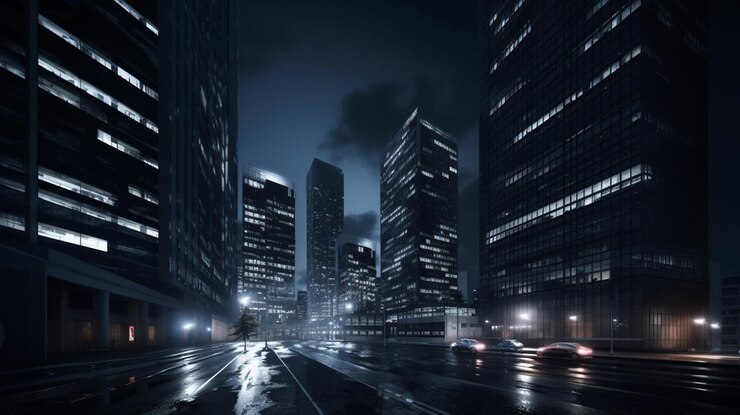 Vista nocturna de los rascacielos en el distrito de negocios generativo ai
