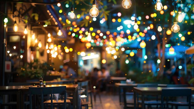 Vista nocturna de un restaurante con muchas luces IA generativa