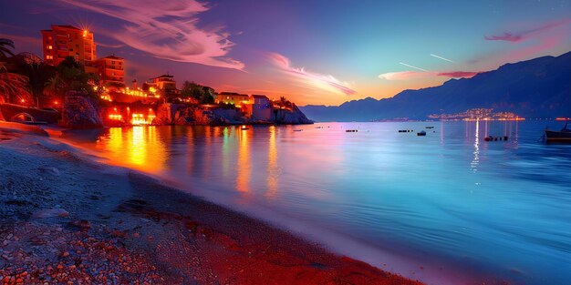 Foto vista nocturna de la riviera de budva montenegro a lo largo de la costa del mar adriático concepto de montenegro riviera budva mar adriático fotografía nocturna belleza costera