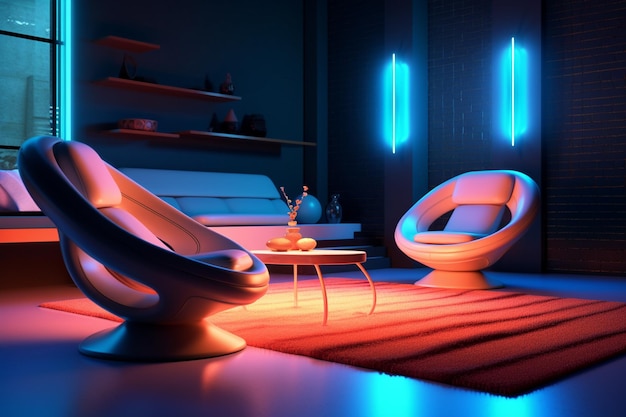 Vista nocturna de la sala de estar futurista interior moderna con luces de neón