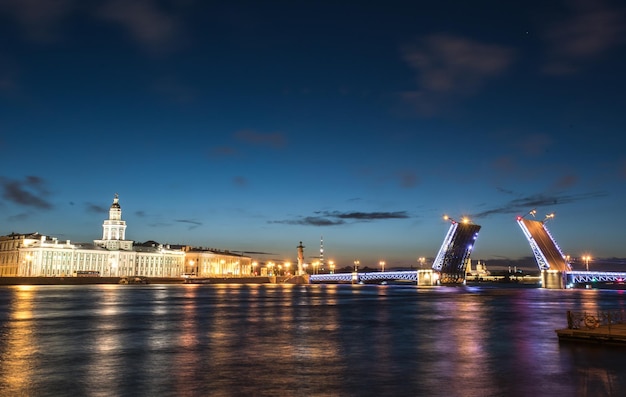 Vista nocturna de San Petersburgo desde el terraplén y los puentes levadizos