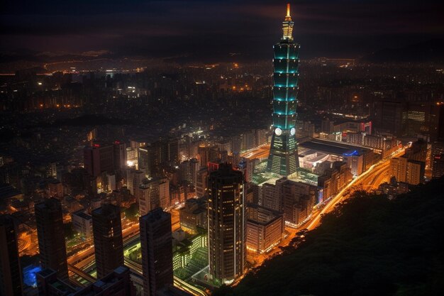 Una vista nocturna de Taipei con las luces encendidas.