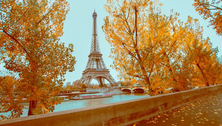 Foto vista nocturna de la torre eiffel en parís en otoño