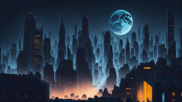 Vista nocturna de la zona de la ciudad con luz de luna llena