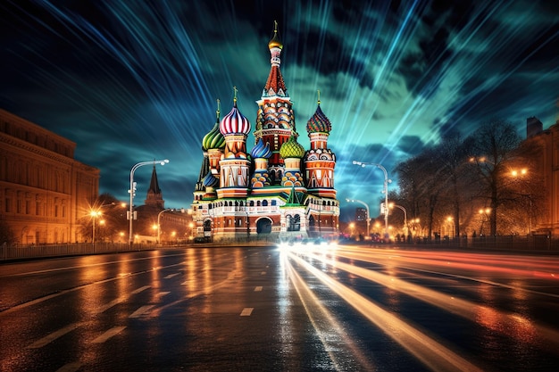 Vista noturna da Catedral de São Basílio na Praça Vermelha em Moscou, Rússia Catedral de São Basílio em Moscou Foto noturna gerada por IA