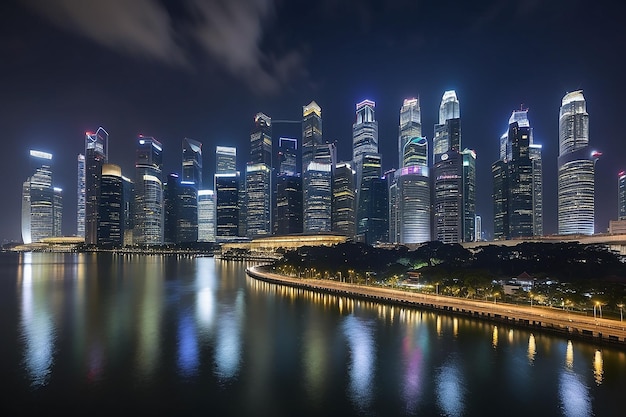 Vista noturna da cidade com luz artificial refletindo na superfície da água Singapura