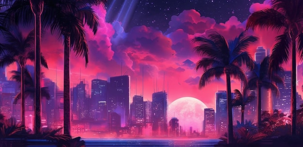 Vista noturna da cidade com palmeiras magenta escuras e néon
