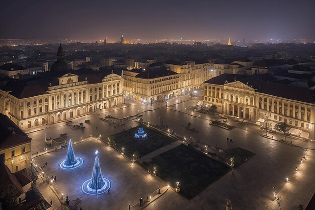 Vista noturna da cidade em frente à praça