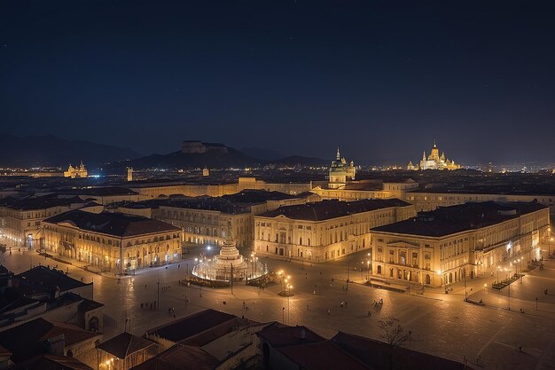 Vista noturna da cidade em frente à praça