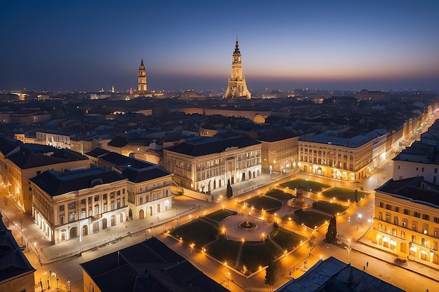 Vista noturna da cidade em frente à praça