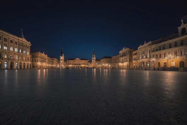 Vista noturna da cidade em frente à praça