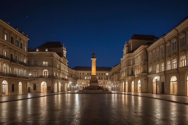 Vista noturna da cidade em frente à praça