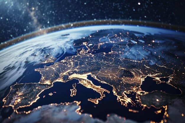 Vista noturna da Europa do espaço mostrando as luzes da cidade