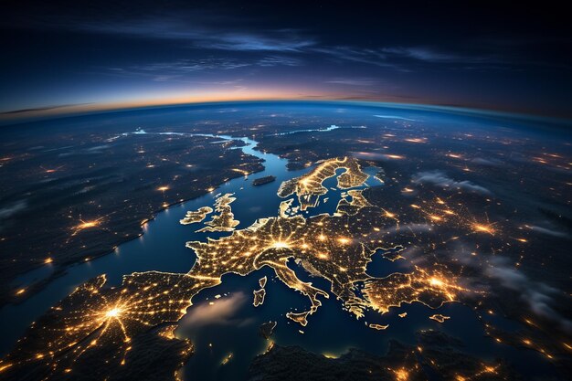 Vista noturna da Europa do espaço mostrando as luzes da cidade