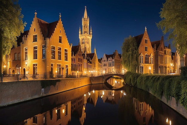 Vista noturna da famosa cidade de Bruges, Bélgica, foto noturna dos canais de Bruges e das casas no canal de Belfry
