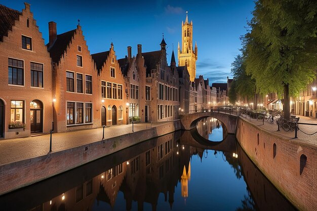 Vista noturna da famosa cidade de bruges, bélgica, foto noturna dos canais de bruges e das casas no canal de belfry