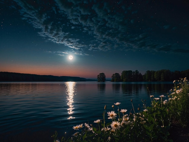 vista noturna da lua cheia brilhando na borda do lago com flores incríveis ao redor