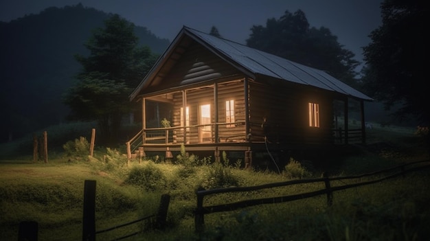 Vista noturna de uma cabana com uma varanda e uma varanda generativa ai