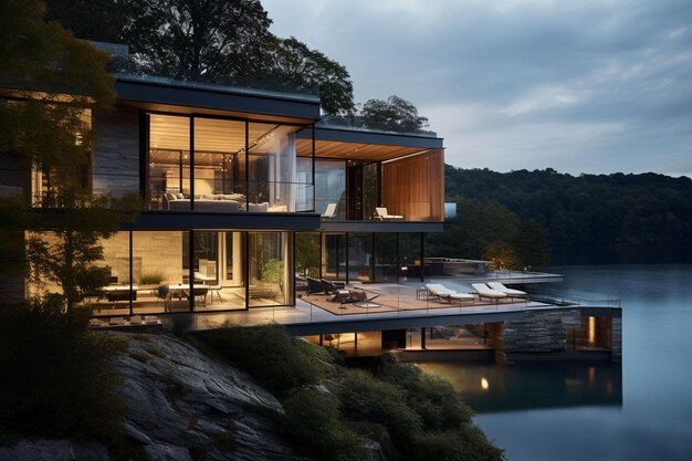 Foto vista noturna de uma casa japonesa ao lado do lago com reflexo gerado por ai