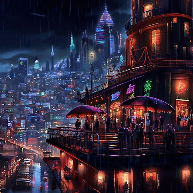 vista noturna de uma cidade com um barco e pessoas no convés generativo ai