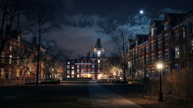 Vista noturna do campus universitário com edifício iluminado